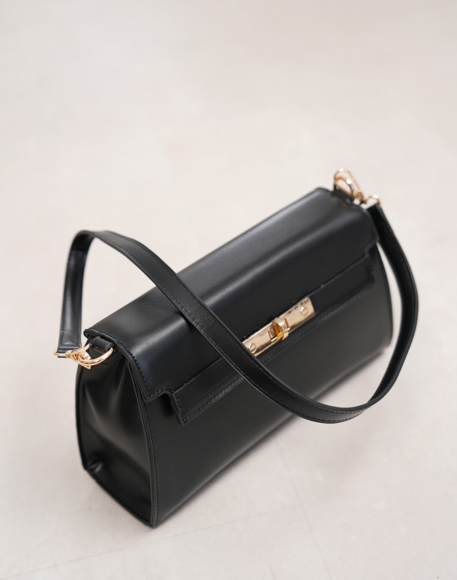 Sac pochette femme noir en similicuir élégant avec fermoir doré tourniquet