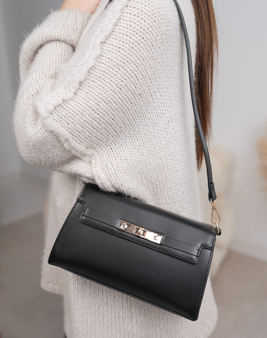 Sac pochette femme noir en similicuir élégant avec fermoir doré tourniquet