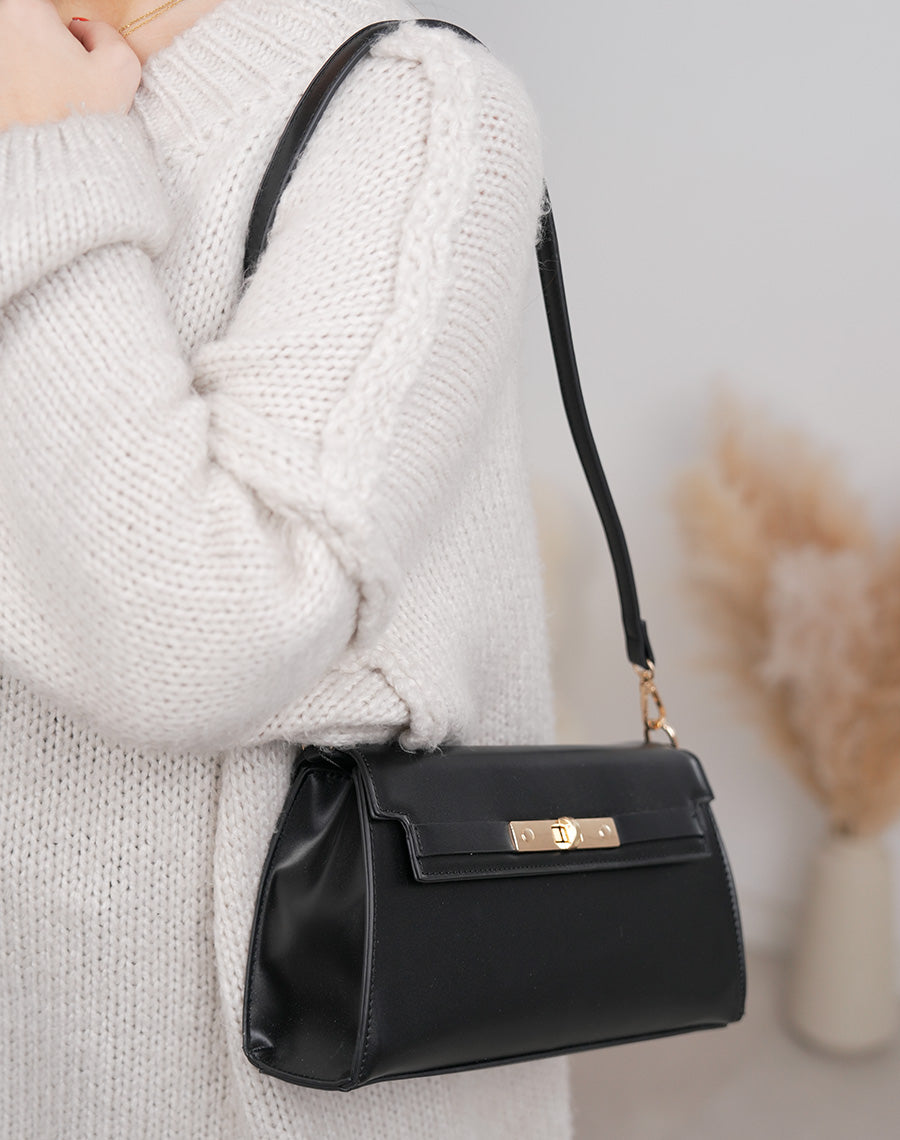 Sac pochette femme noir en similicuir élégant avec fermoir doré tourniquet