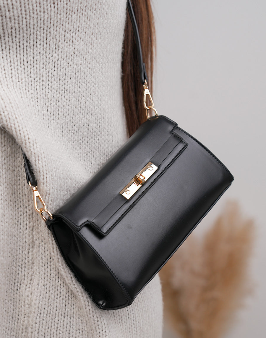 Sac pochette femme noir en similicuir élégant avec fermoir doré tourniquet