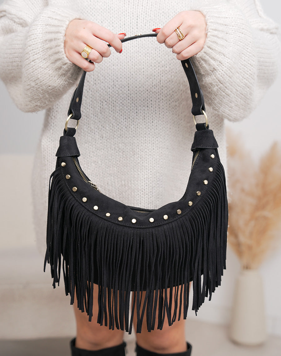 Sac besace femme noir en suédine avec franges et clous dorés vieillis