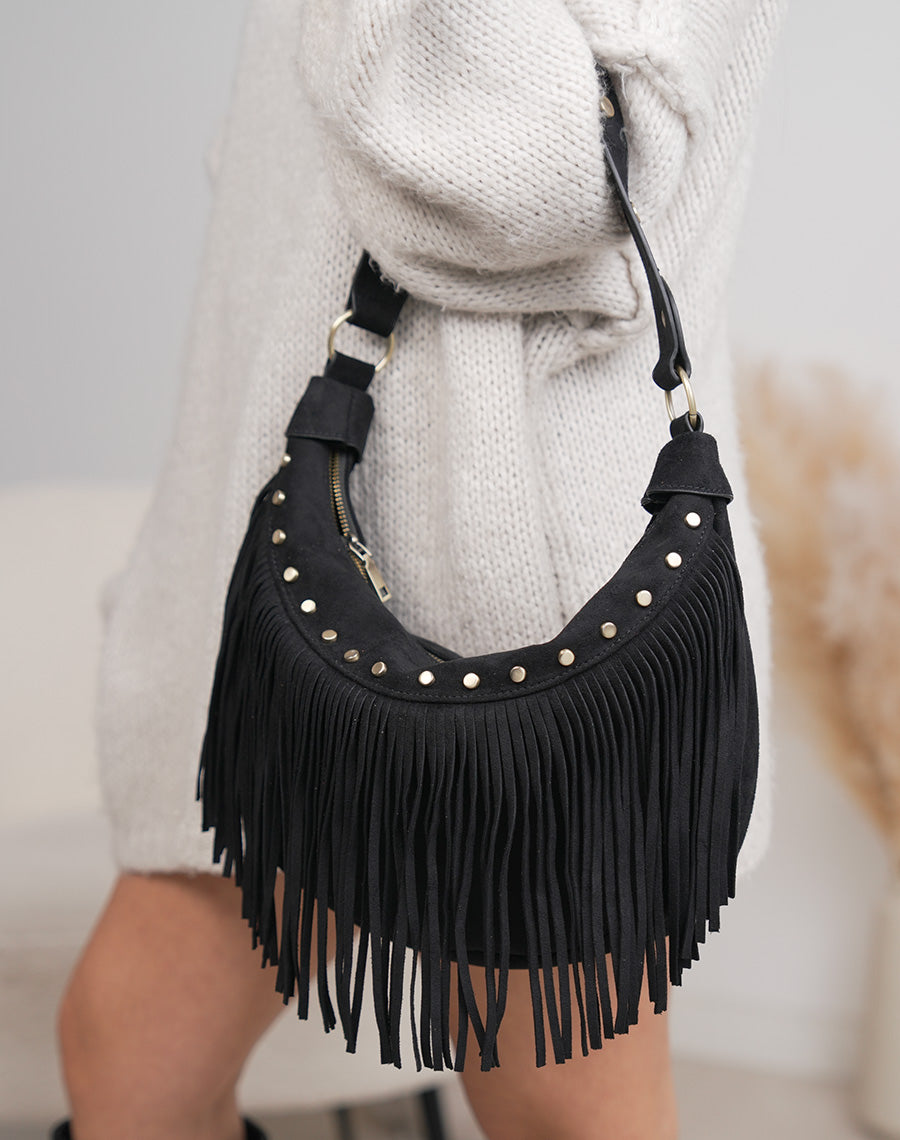 Sac besace femme noir en suédine avec franges et clous dorés vieillis