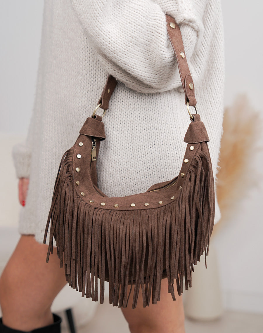 Sac besace femme marron en suédine à franges avec clous dorés vintage