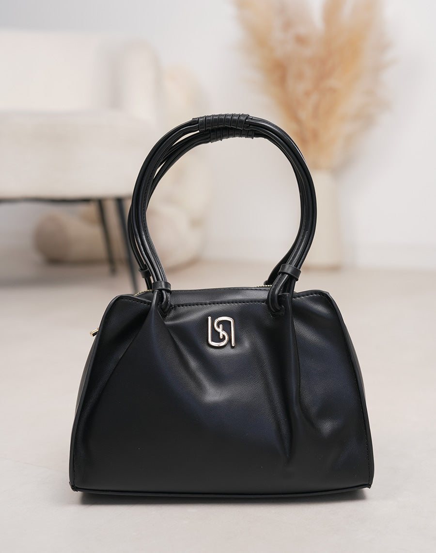 Sac à main femme noir en similicuir avec double anse et détail doré chic