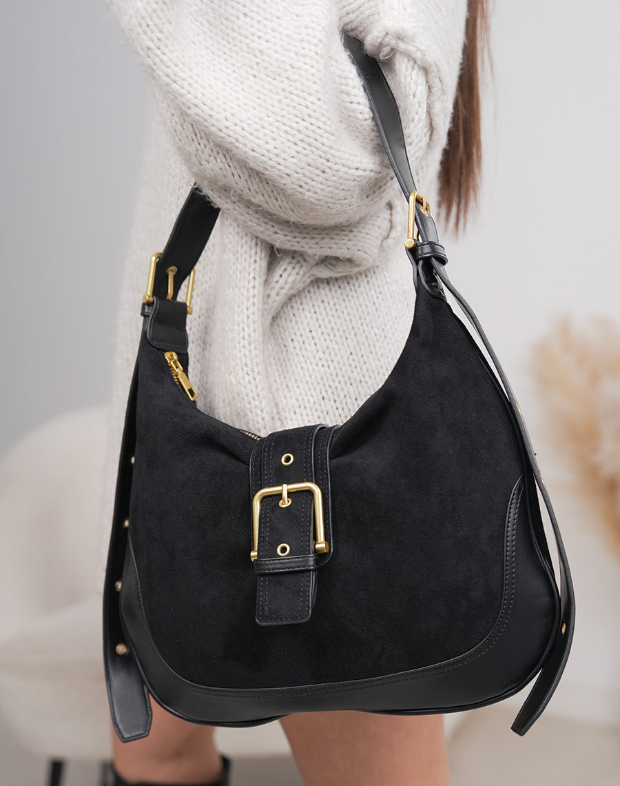 Sac besace femme noir bi-matière avec boucle dorée tendance