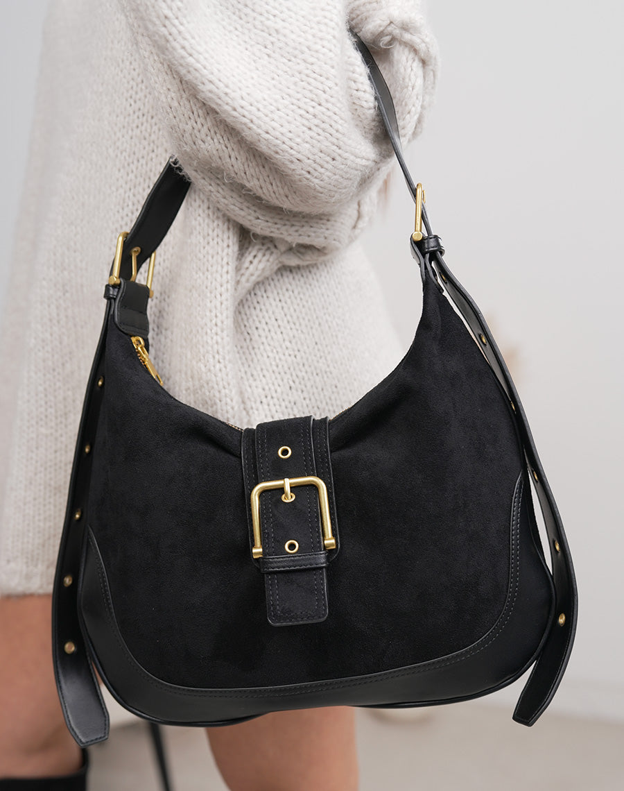 Sac besace femme noir bi-matière avec boucle dorée tendance