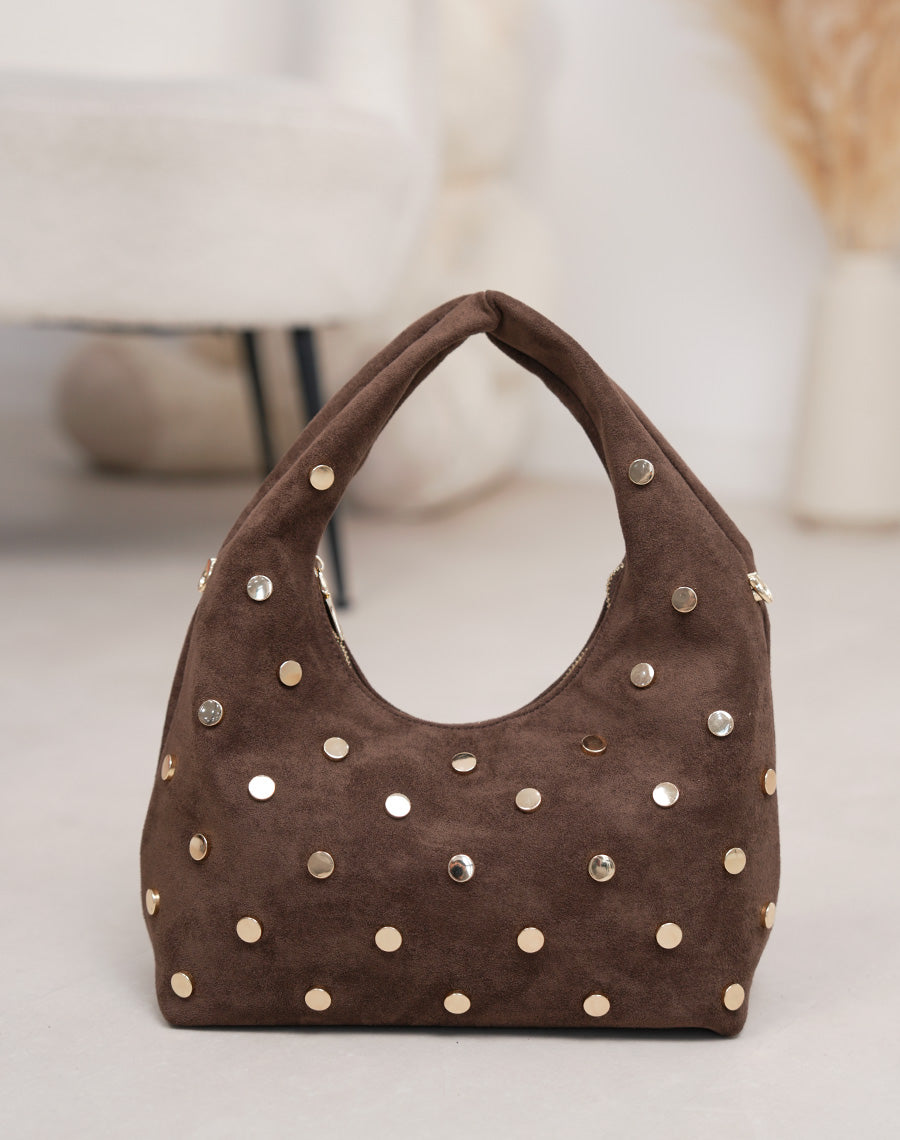 Sac besace marron en suédine avec clous dorés – Élégance rock et tendance