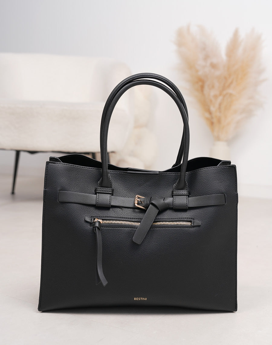 Sac noir effet grainé avec boucle décorative – Élégance et fonctionnalité au quotidien