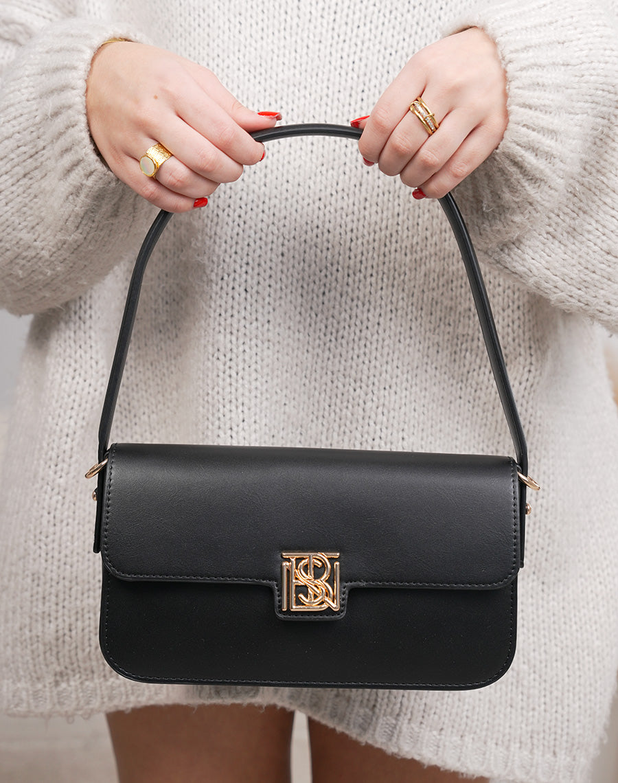 Sac pochette noir en similicuir avec détail doré et fermeture aimantée