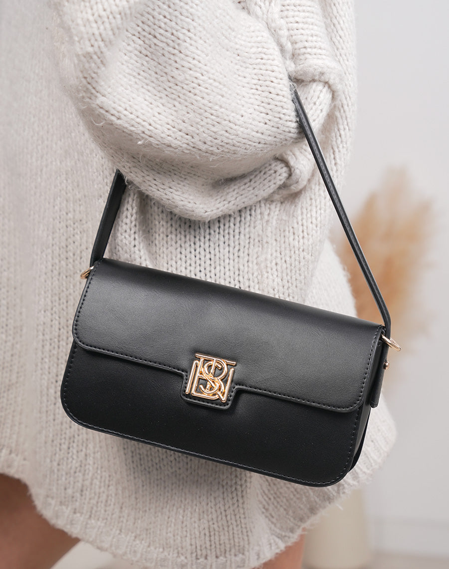 Sac pochette noir en similicuir avec détail doré et fermeture aimantée