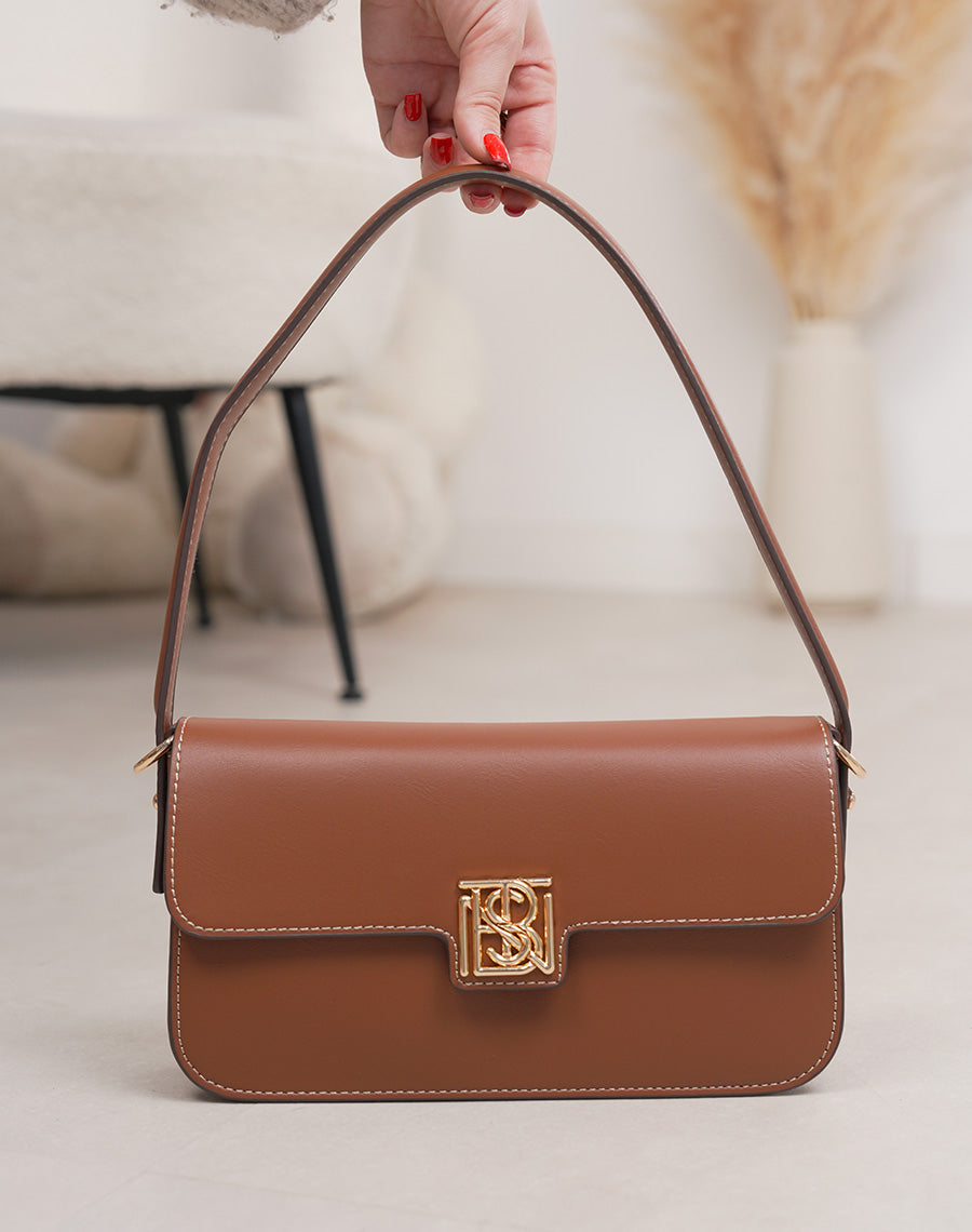 Sac pochette camel en similicuir avec détail doré et fermeture aimantée