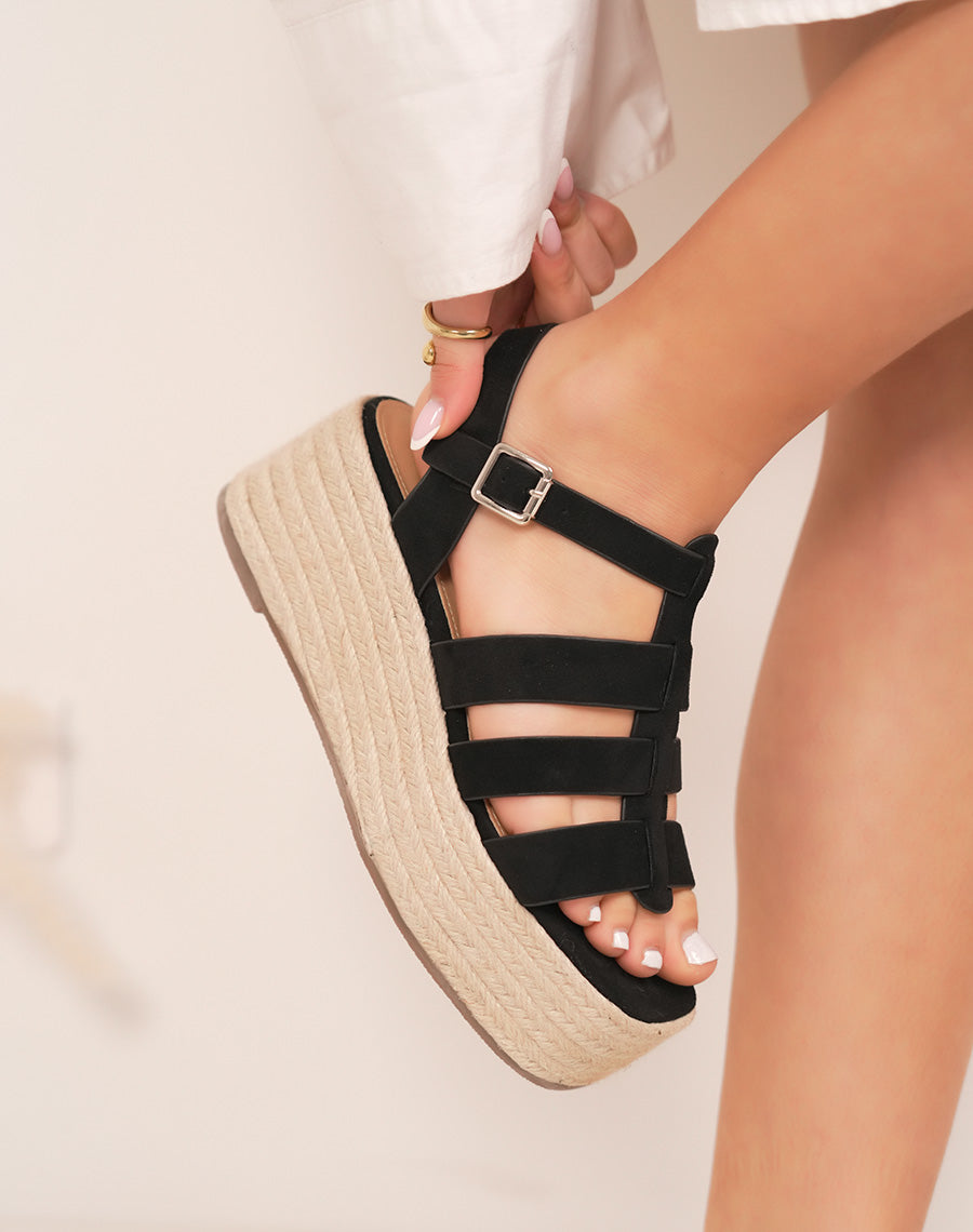 Sandales compensées femme noires en suédine avec multiples brides et semelle effet corde
