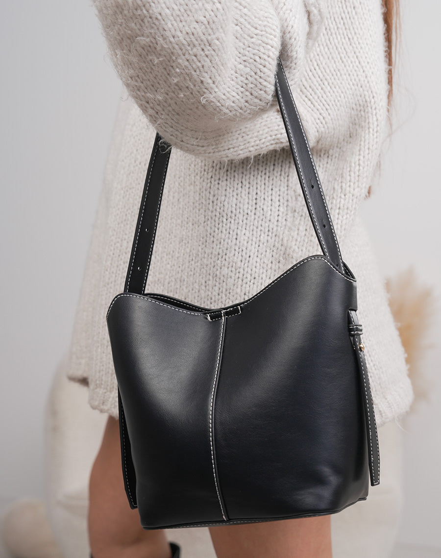 Sac seau noir avec pochette léopard intégrée