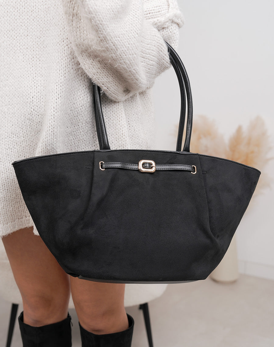 Sac trapèze noir en suédine avec détail doré