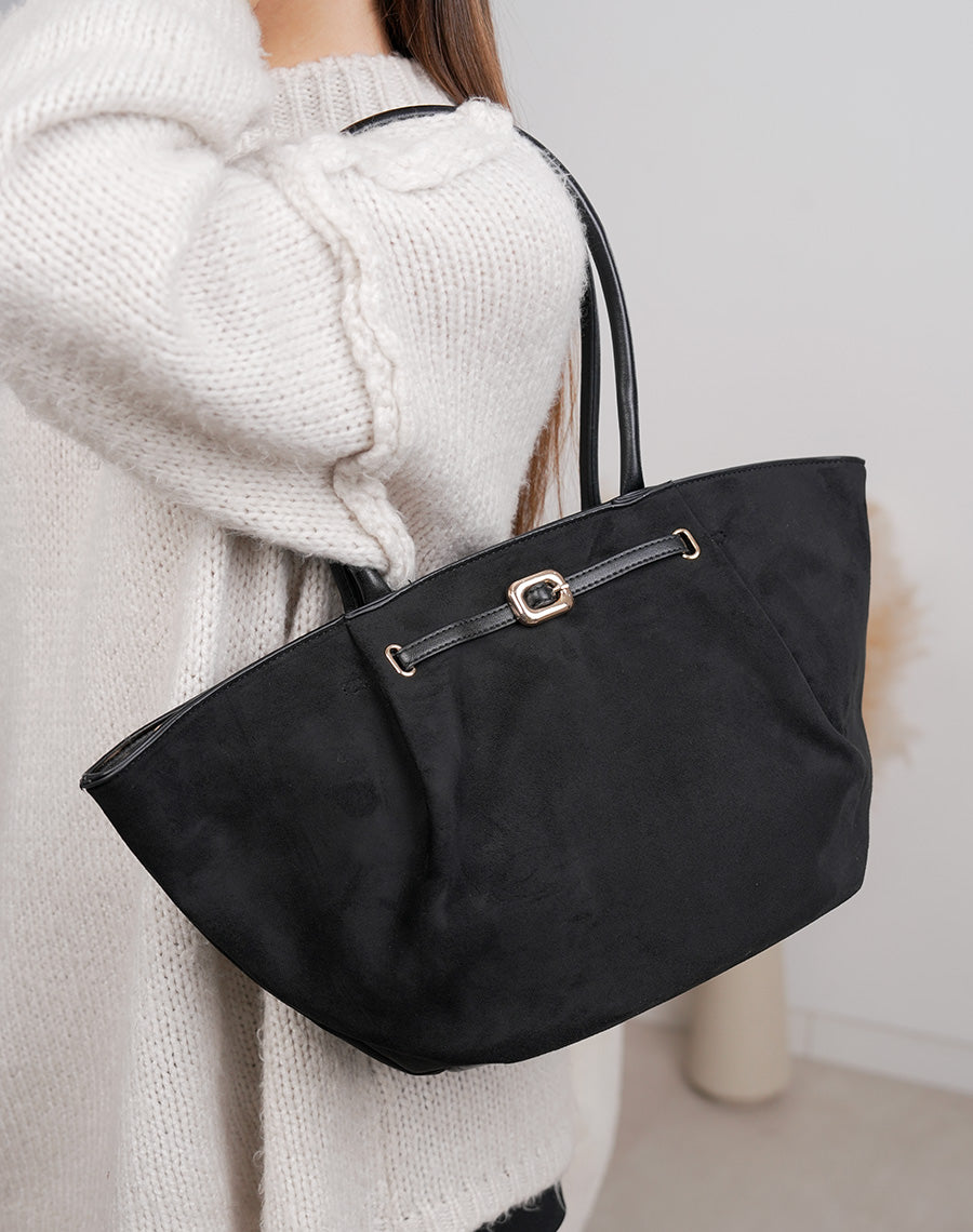 Sac trapèze noir en suédine avec détail doré