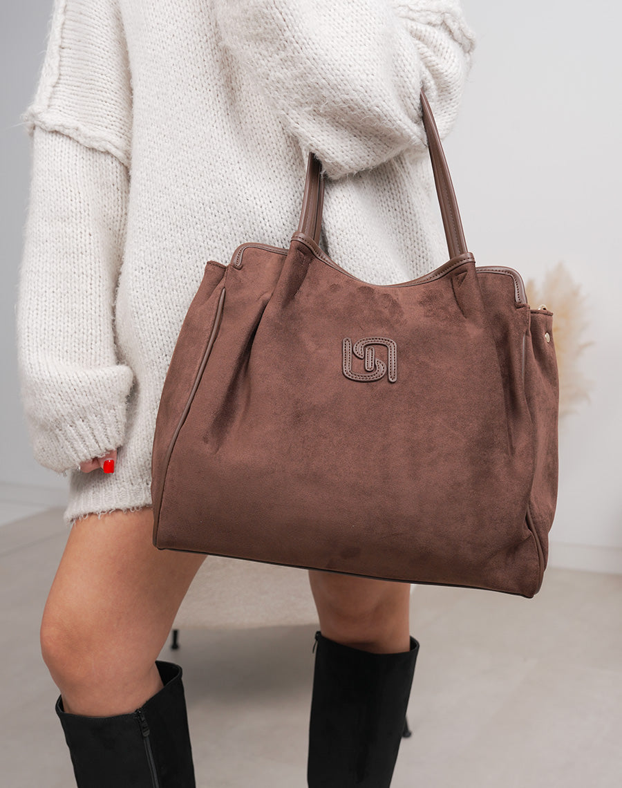 Sac marron en suédine avec détail en similicuir