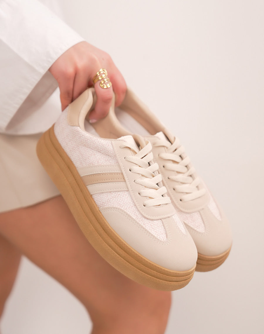 Baskets femme beiges à triple semelle camel avec détails en jute écru