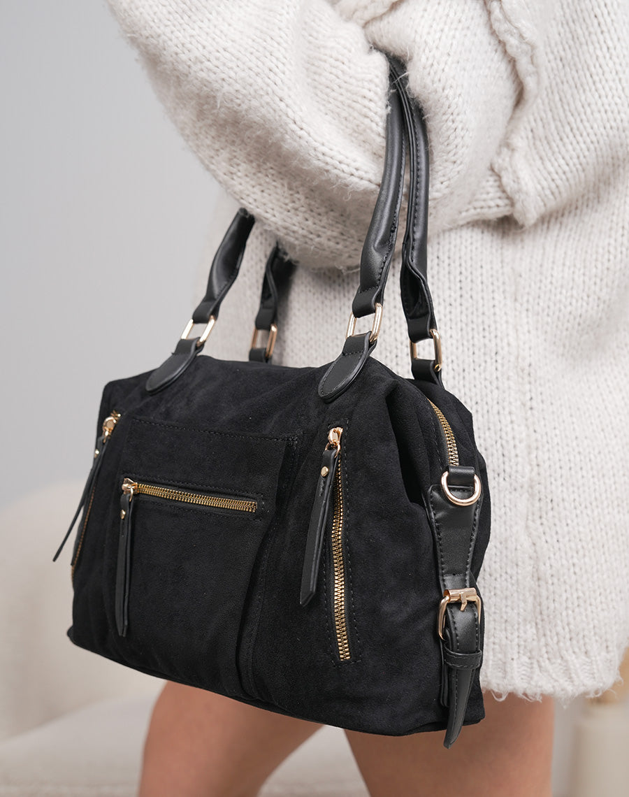 Sac noir en suédine à multiples poches zippées