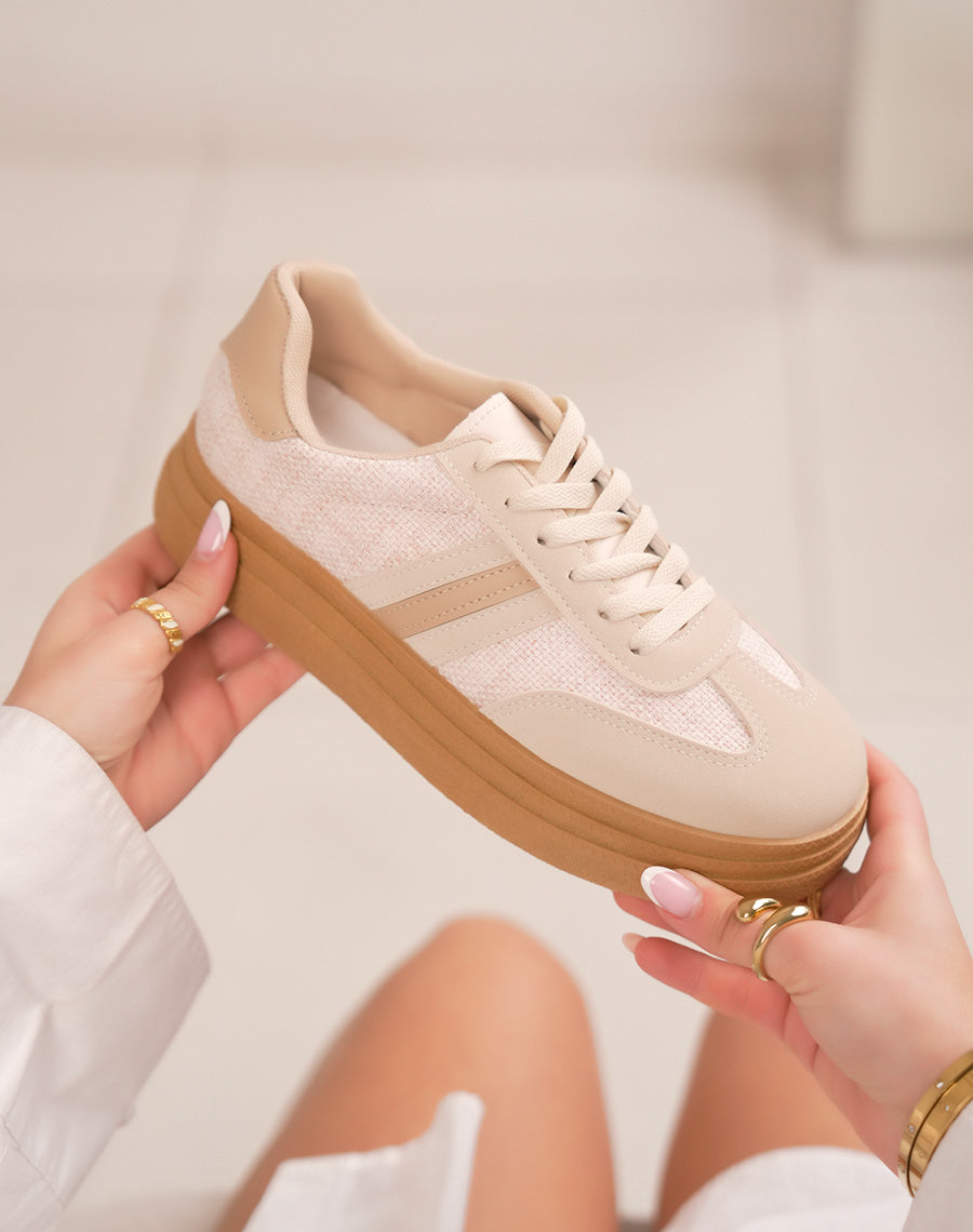 Baskets femme beiges à triple semelle camel avec détails en jute écru