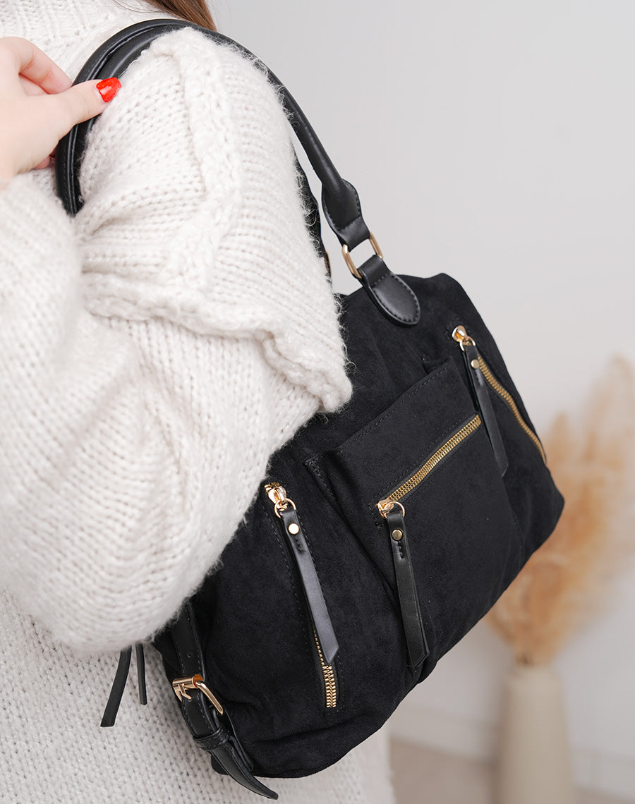 Sac noir en suédine à multiples poches zippées