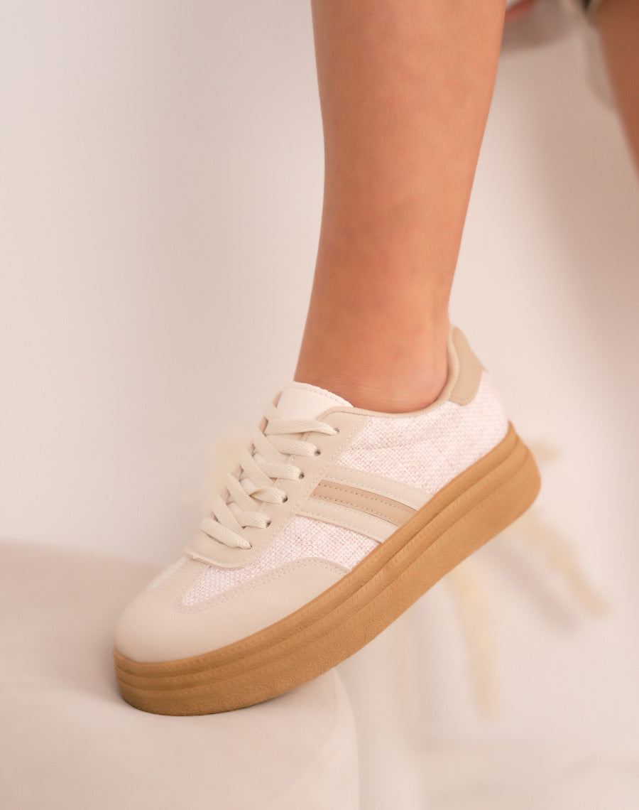 Baskets femme beiges à triple semelle camel avec détails en jute écru