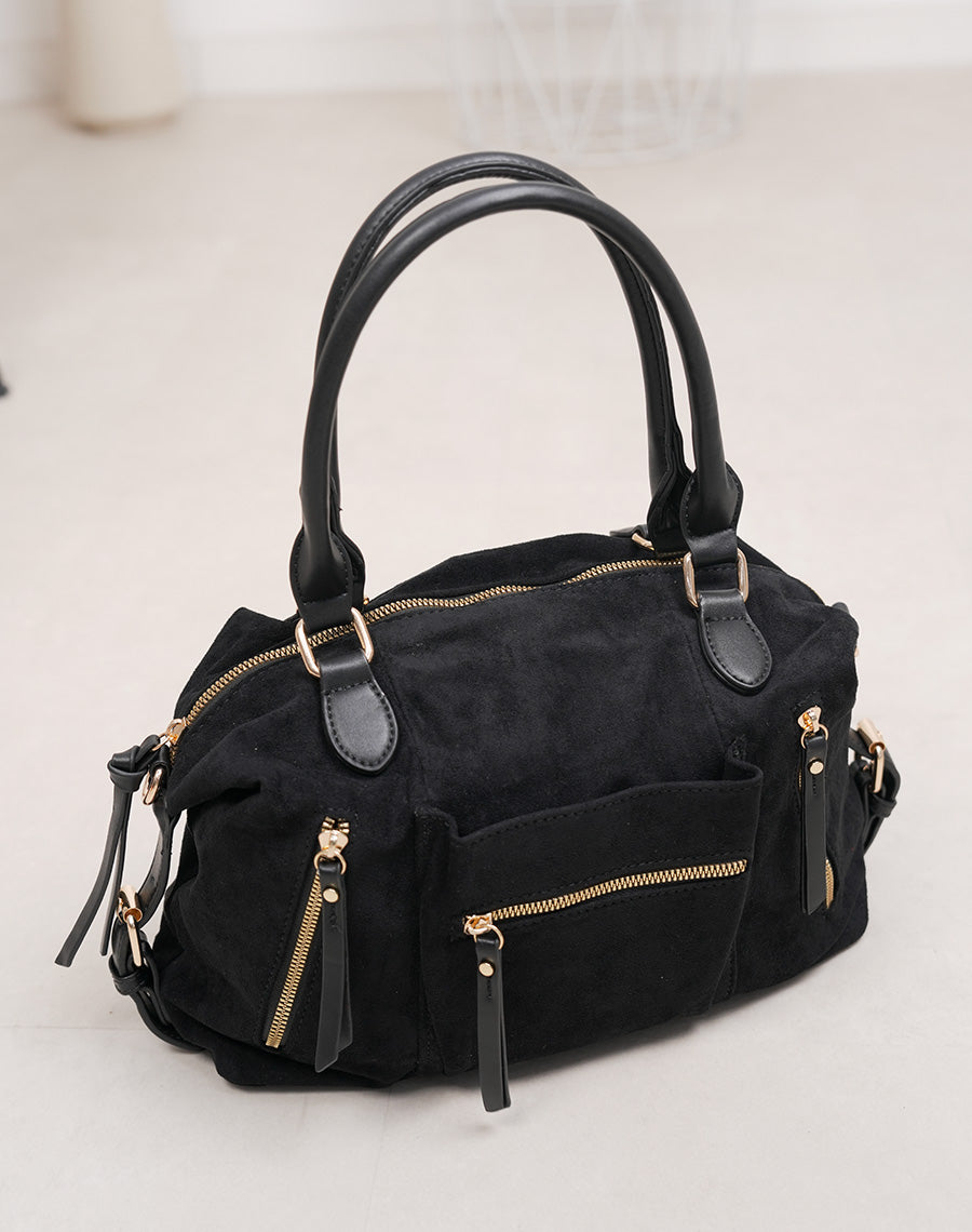 Sac noir en suédine à multiples poches zippées