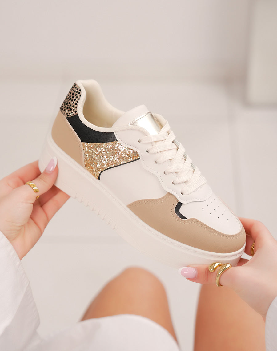 Baskets femme beiges et taupe à détail doré pailleté ultra tendance