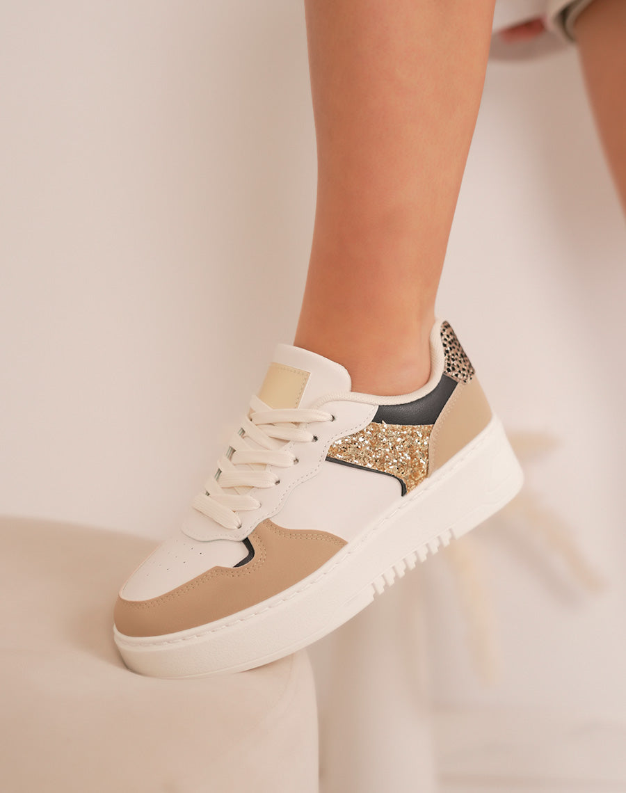 Baskets femme beiges et taupe à détail doré pailleté ultra tendance
