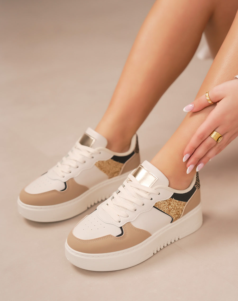 Baskets femme beiges et taupe à détail doré pailleté ultra tendance