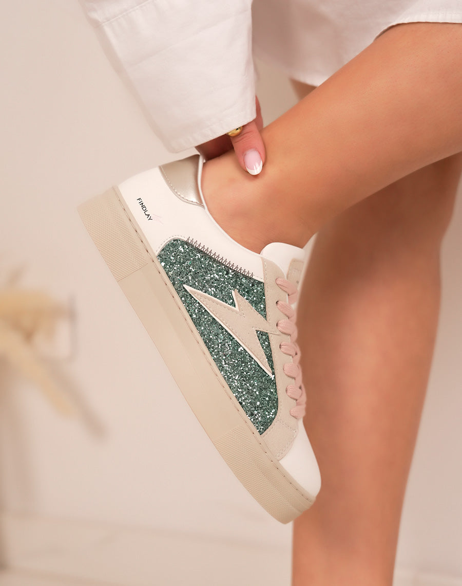 Baskets femme blanches à paillettes vertes et motif éclair en suédine beige