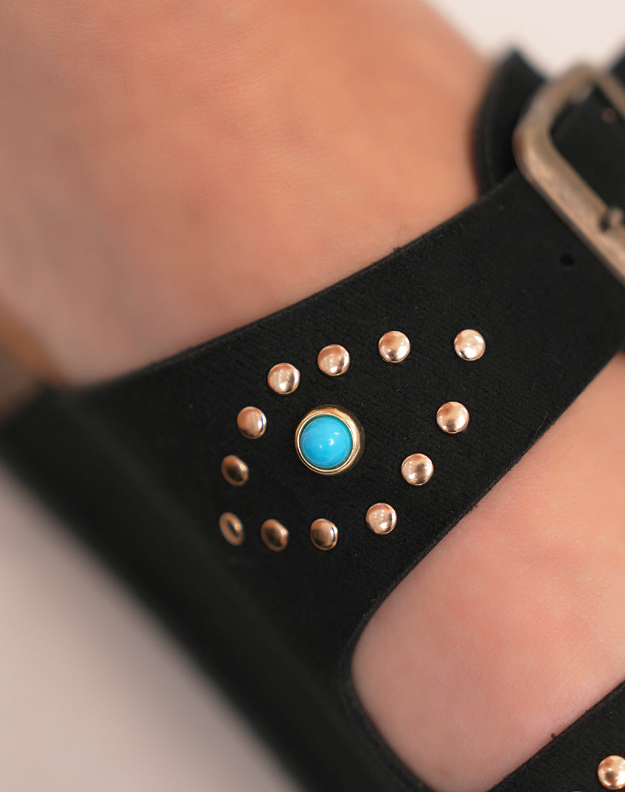 Mules femme noires tendance avec brides à bijoux œil doré et bleu