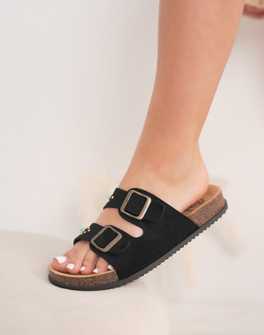 Mules femme noires tendance avec brides à bijoux œil doré et bleu