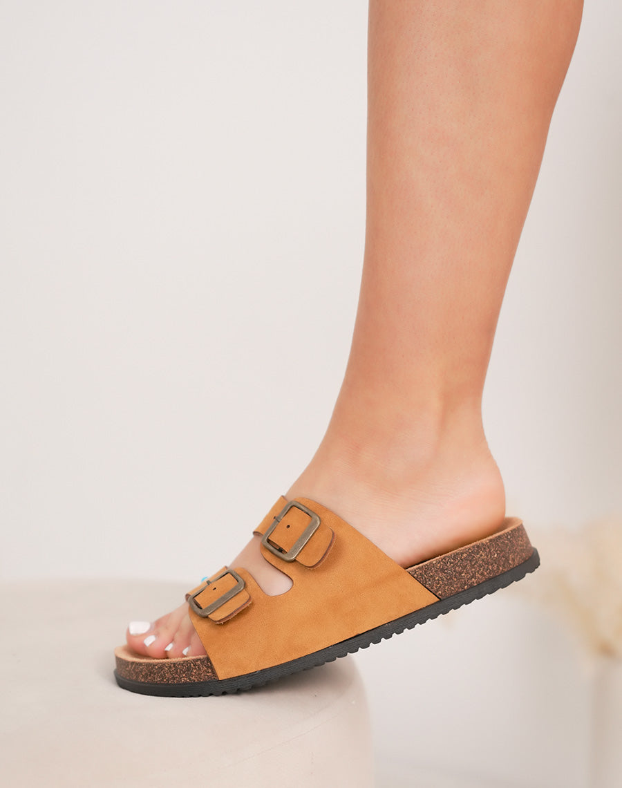 Mules femme camel confort avec brides à bijoux œil doré et bleu