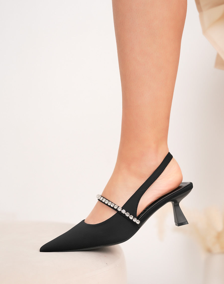 Escarpins femme noirs à bout pointu avec bride strassée et talon