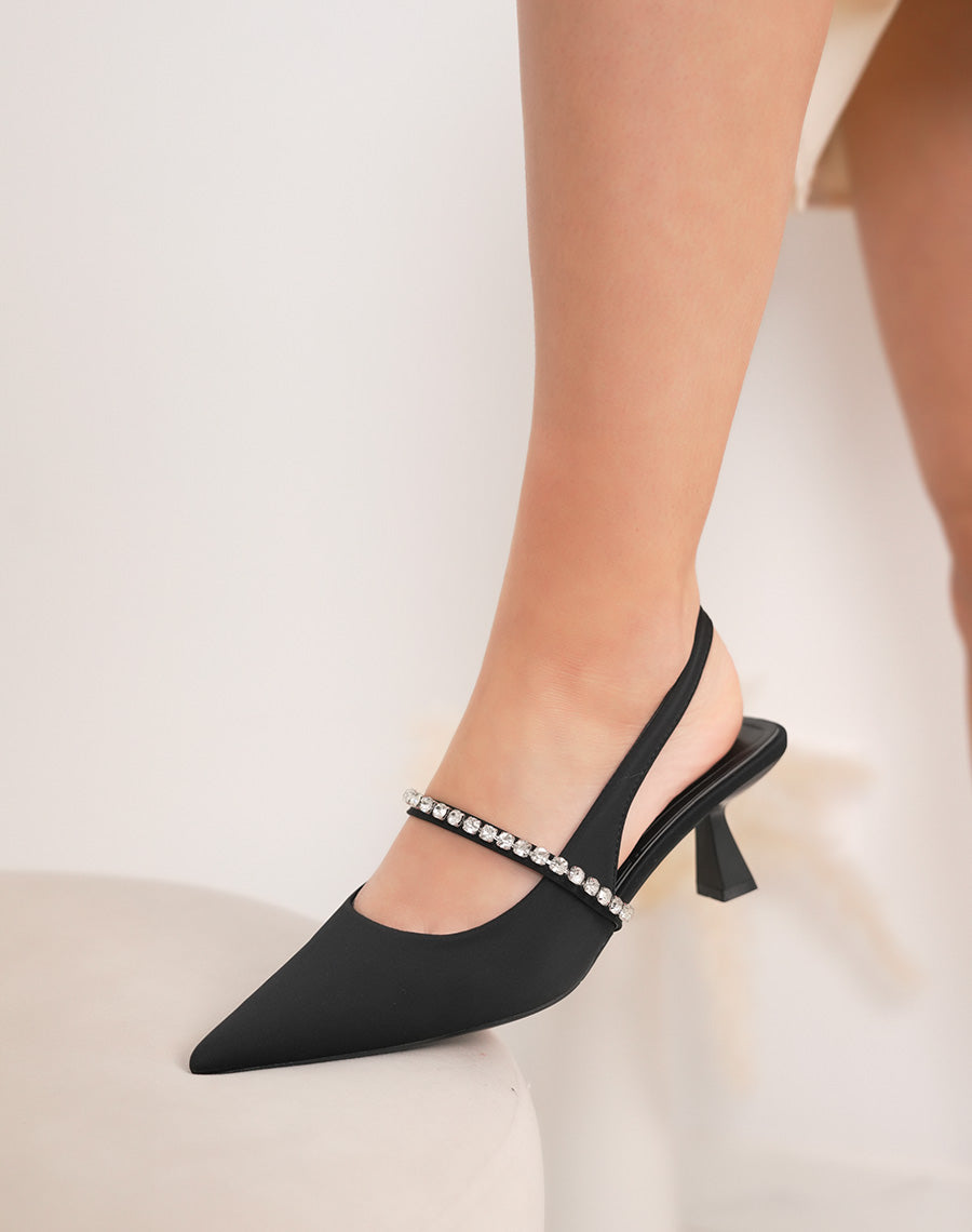 Escarpins femme noirs à bout pointu avec bride strassée et talon