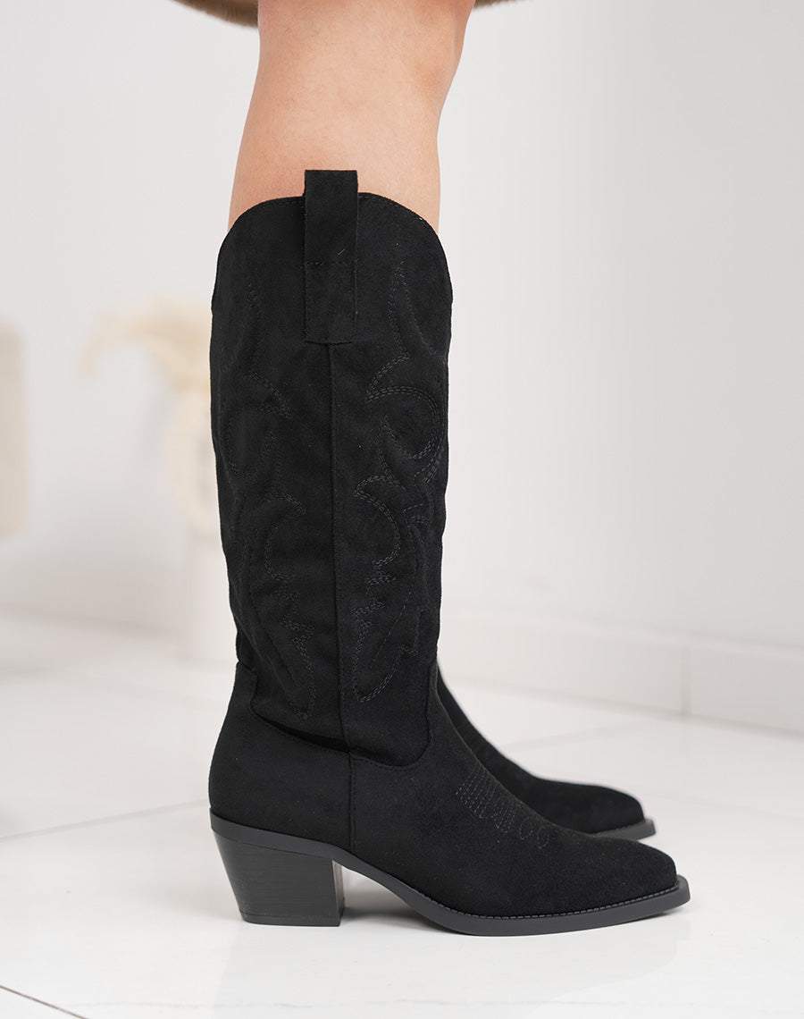 Santiags noires élégantes en suédine avec talon épais