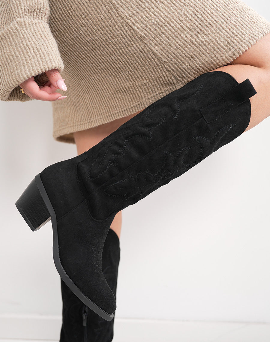 Santiags noires élégantes en suédine avec talon épais