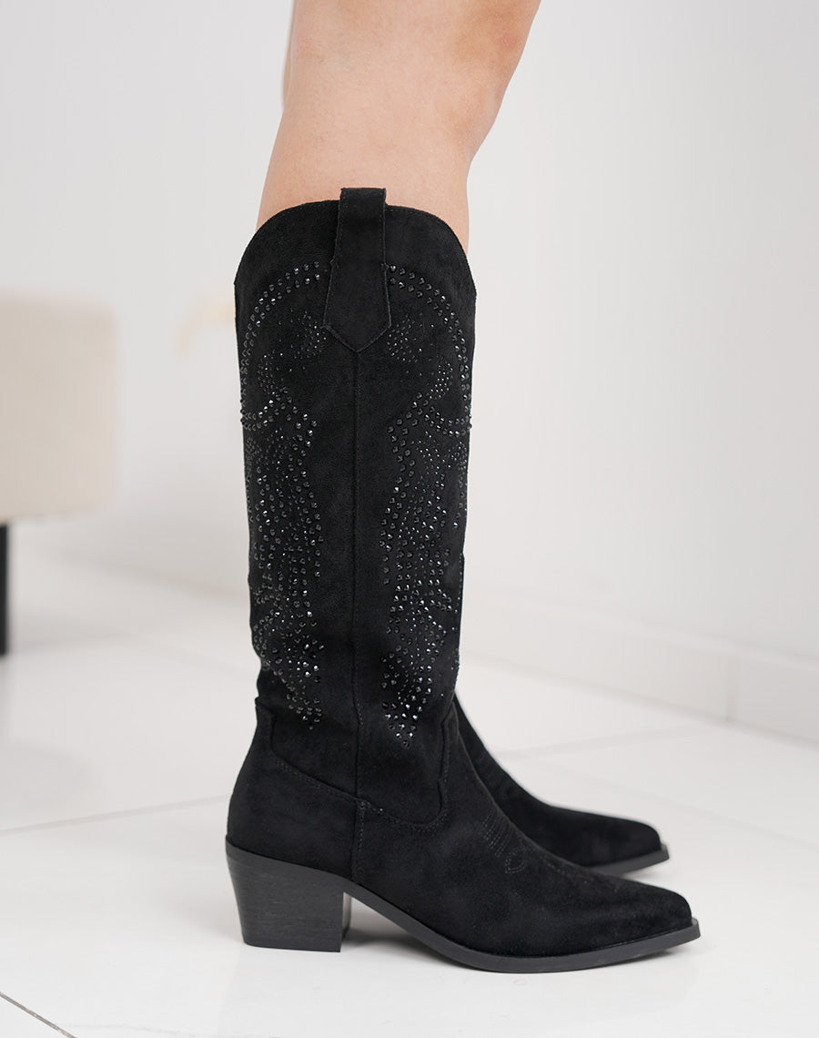 Santiags femme noires à strass en suédine avec bout pointu et talon épais chic