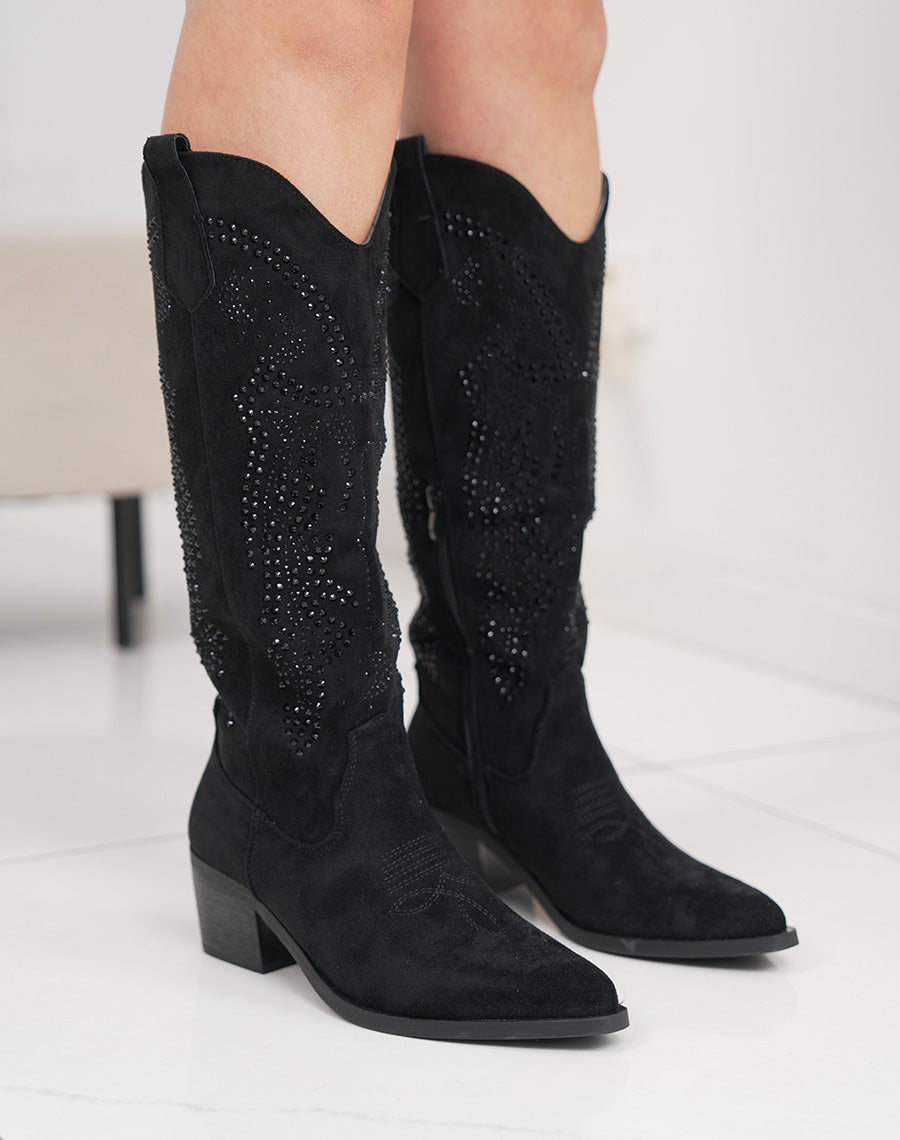 Santiags femme noires à strass en suédine avec bout pointu et talon épais chic