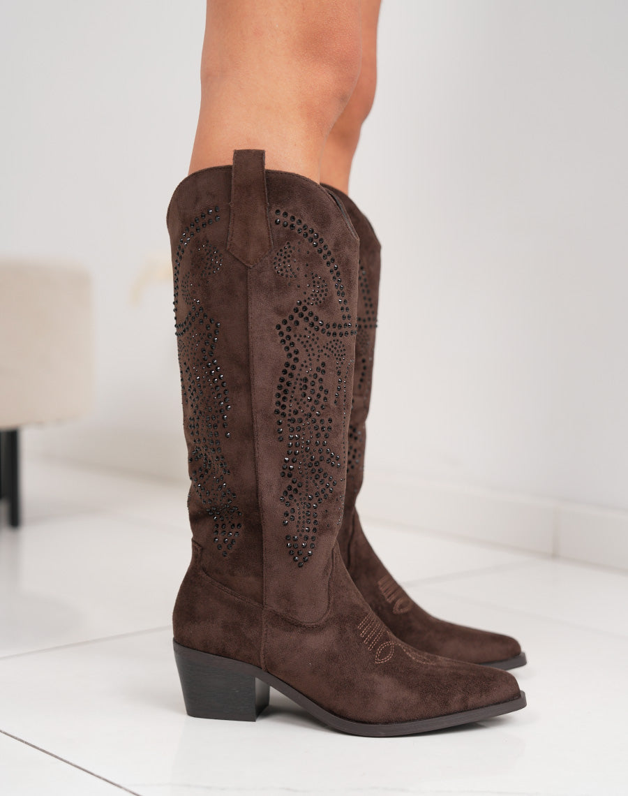 Santiags femme marron à strass en suédine avec bout pointu et talon épais tendance