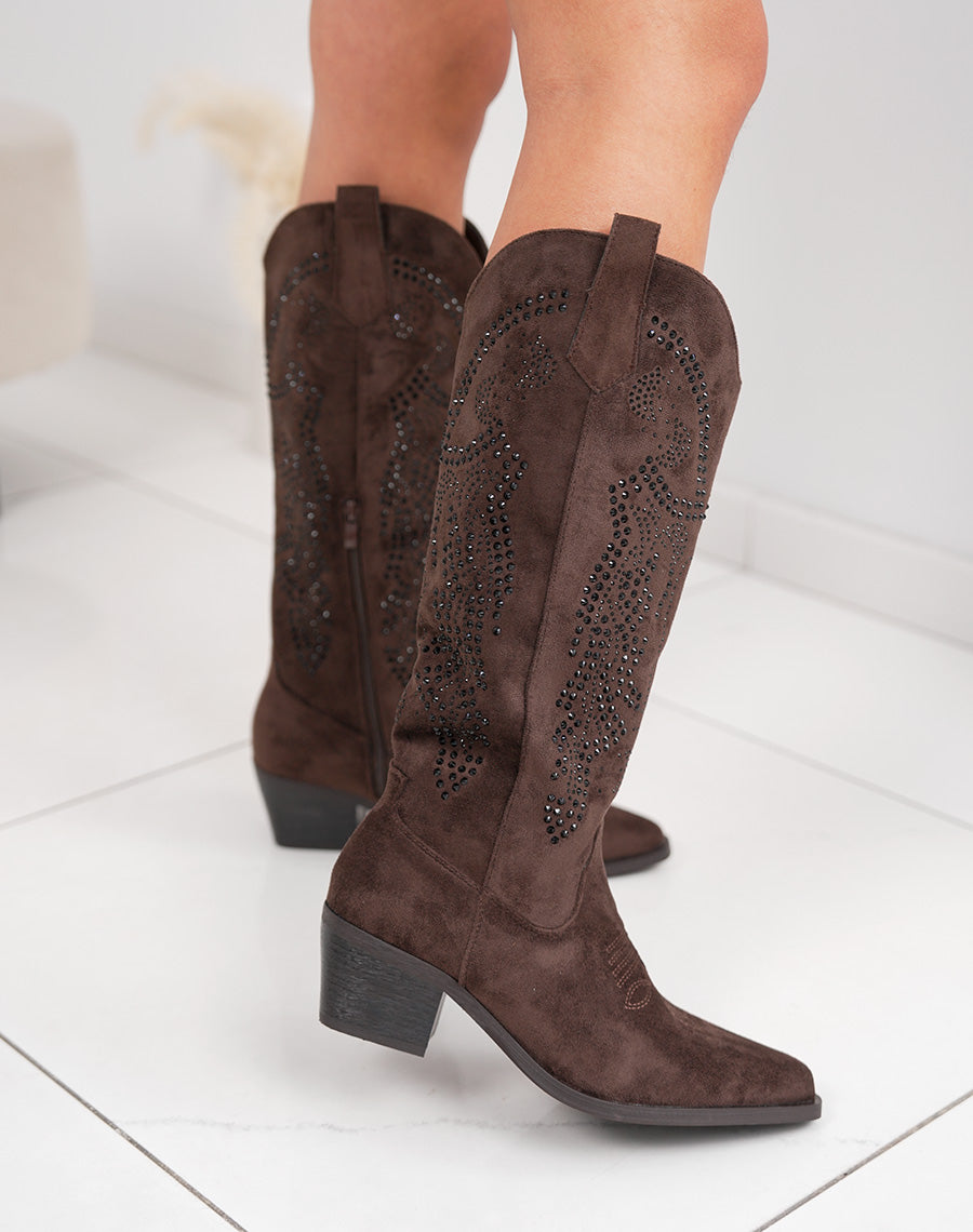 Santiags femme marron à strass en suédine avec bout pointu et talon épais tendance