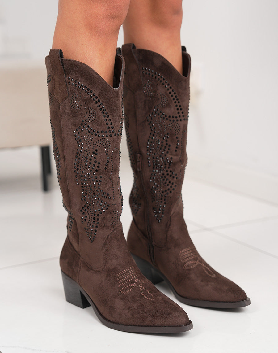 Santiags femme marron à strass en suédine avec bout pointu et talon épais tendance