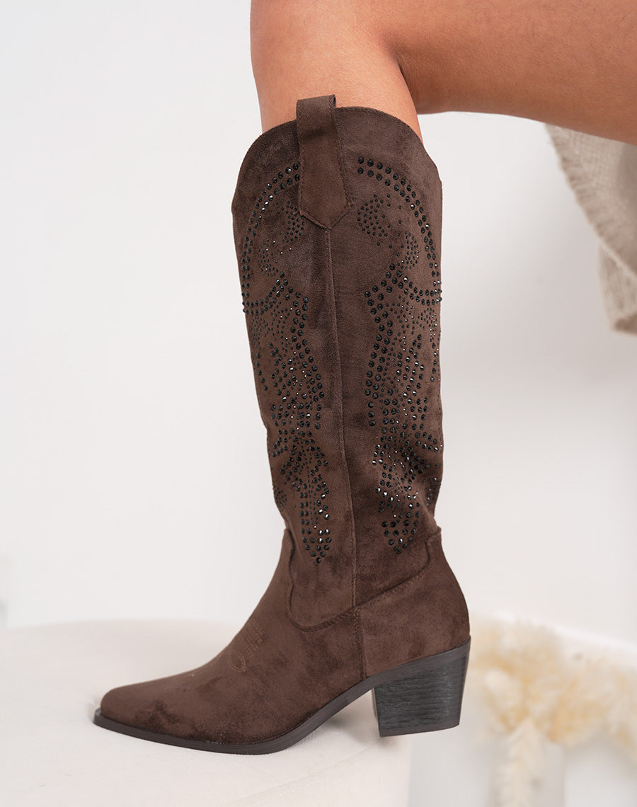 Santiags femme marron à strass en suédine avec bout pointu et talon épais tendance