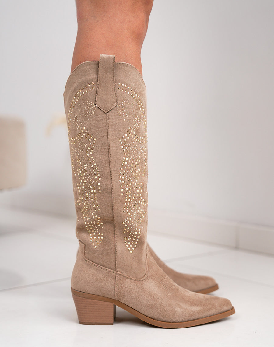 Santiags femme beige à strass en suédine avec bout pointu et talon épais tendance