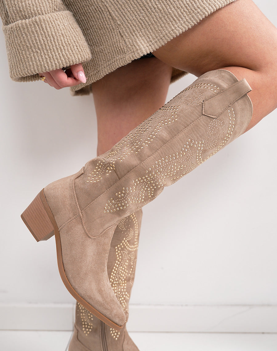 Santiags femme beige à strass en suédine avec bout pointu et talon épais tendance