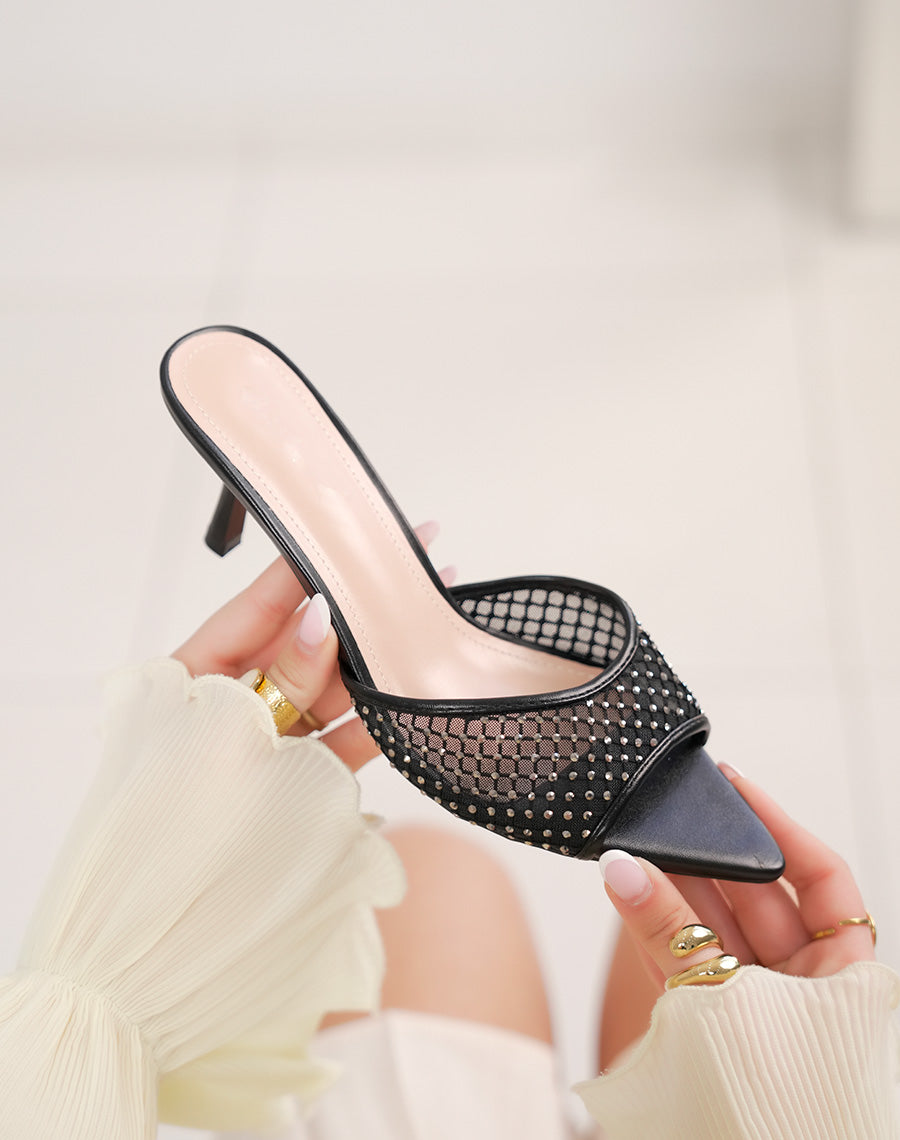Escarpins femme noirs à strass argentés – élégants à bout ouvert et talon