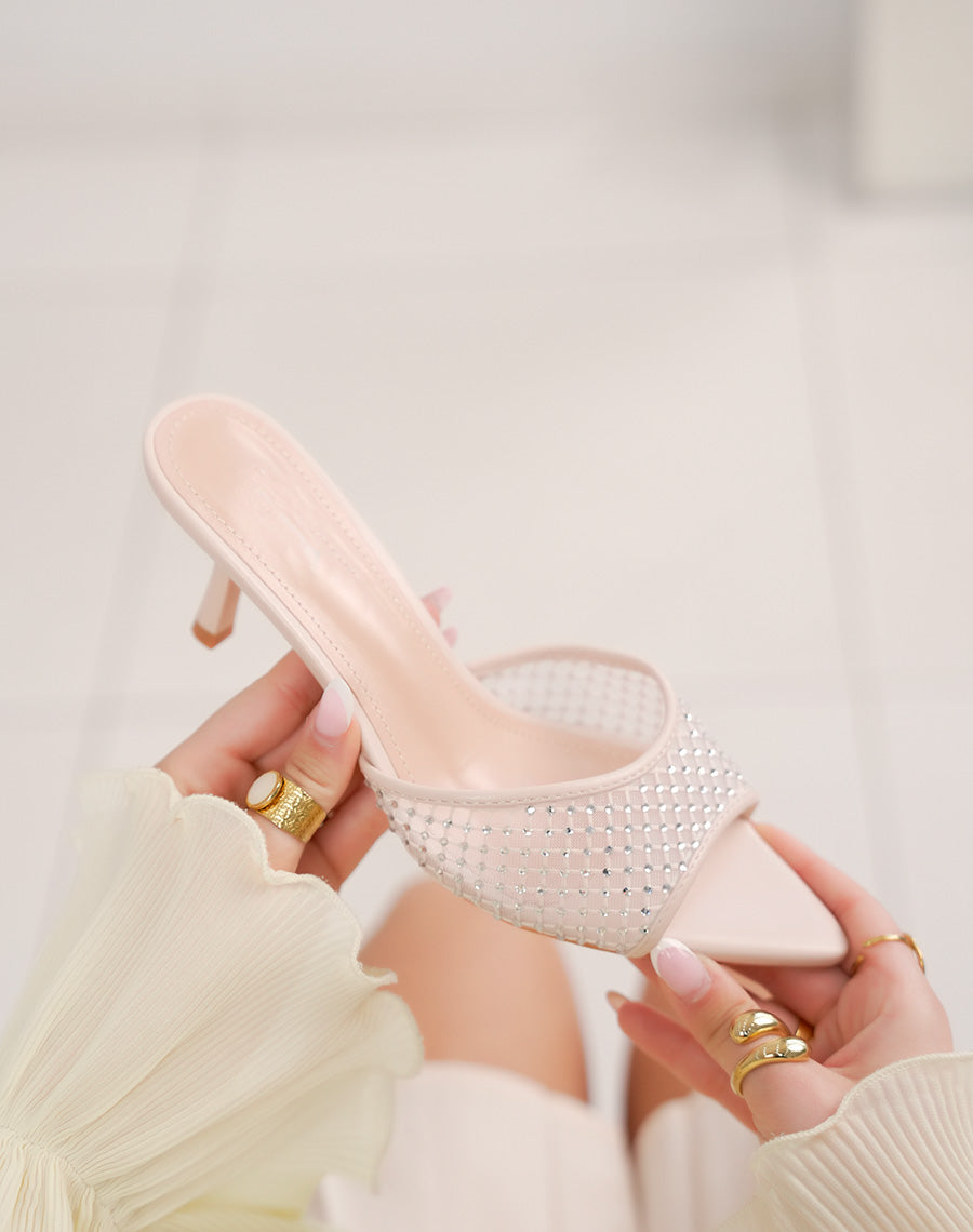 Escarpins femme beige à strass – ouverts, tendance, talon