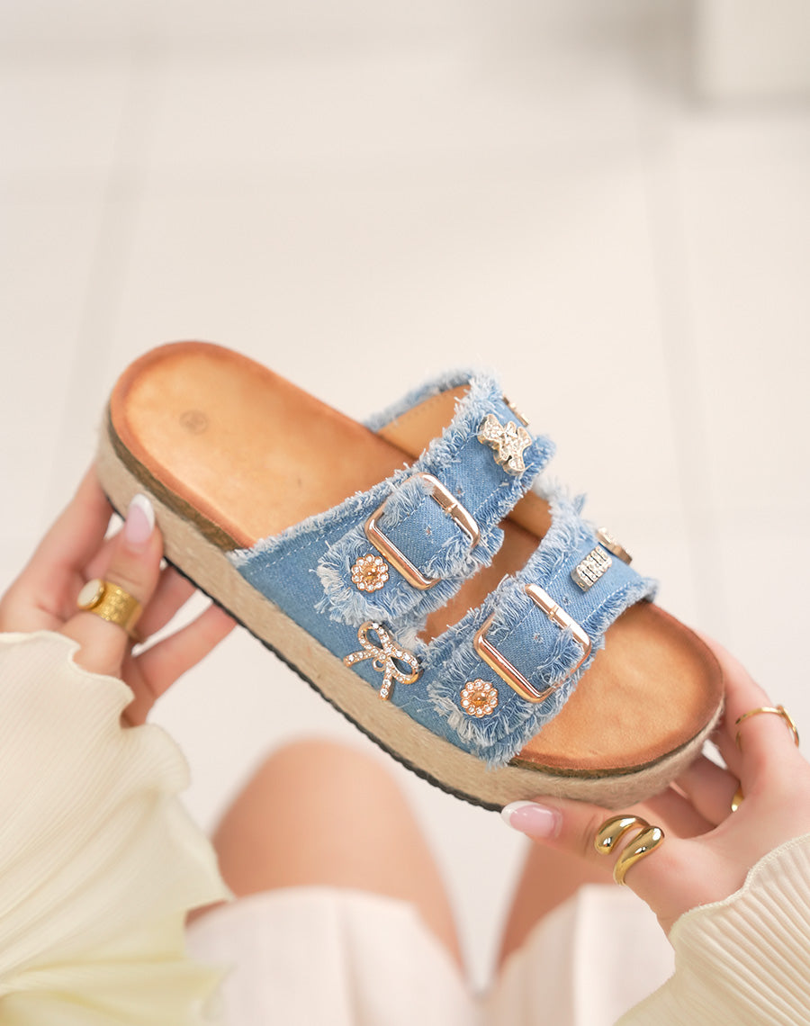 Mules femme jean bleu clair tendance avec strass et semelle tressée