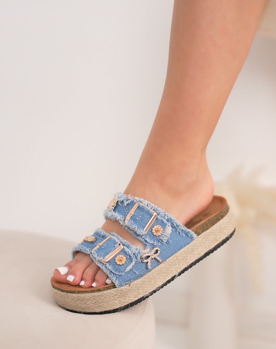 Mules femme jean bleu clair tendance avec strass et semelle tressée