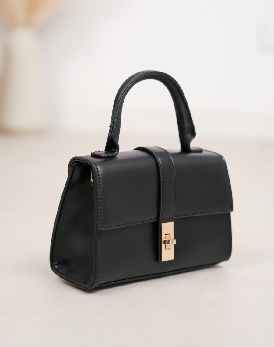 Sac à main femme noir élégant en similicuir avec fermeture tourniquet doré